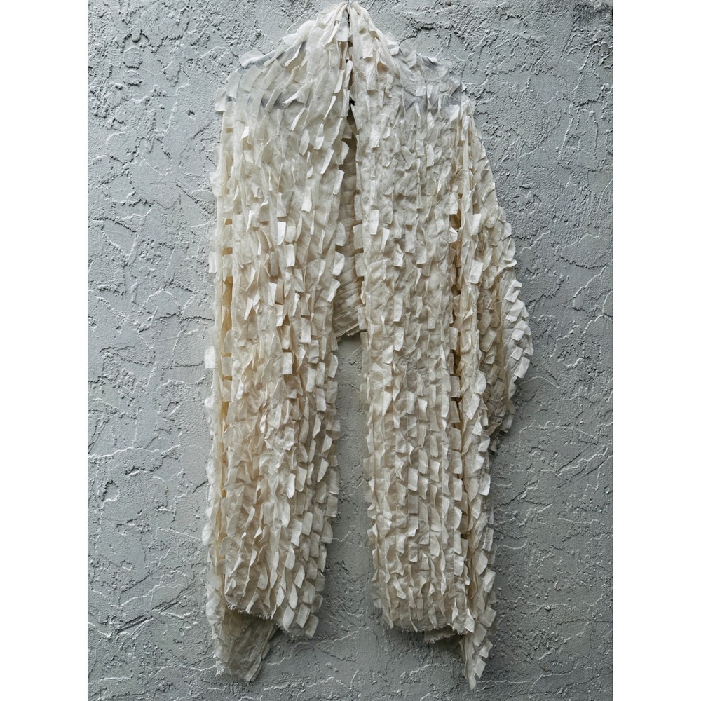 Eric Raisina 100% Silk Tiered Fringe Scarf Wrap Ivory Cream Frayed Edge Boho
